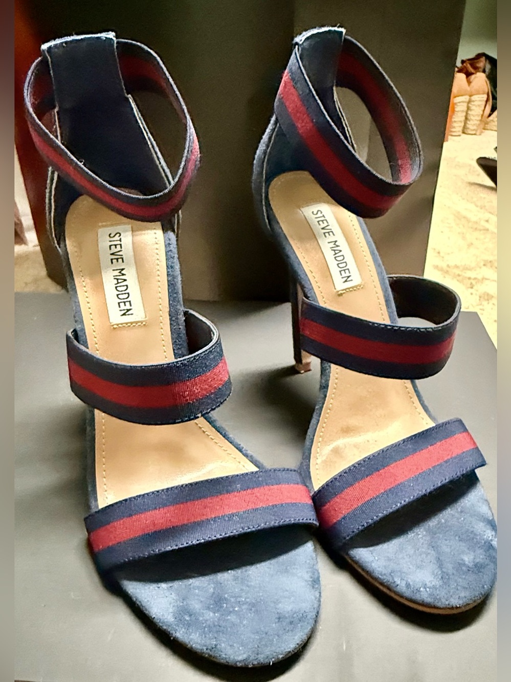 Steve Madden Navy Suede Heels with Red Stripe Ankle Straps